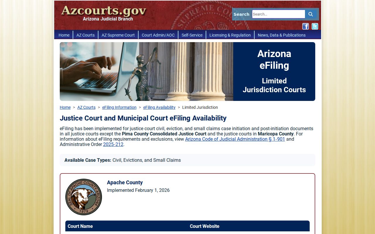 Greenlee County court schedule limited-jurisdiction e-filing availability