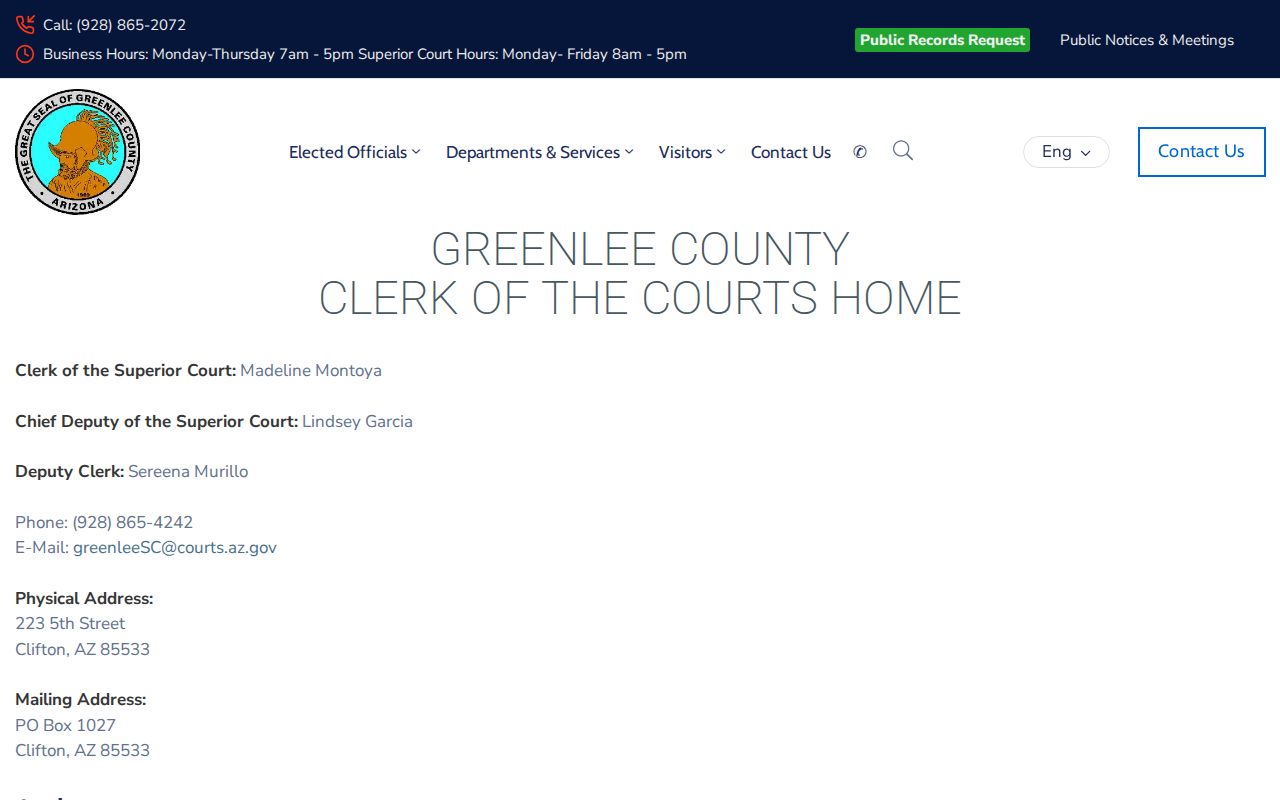 Greenlee County Superior Court docket clerk page