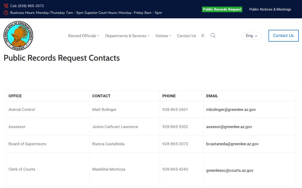 Greenlee County court records public contact directory