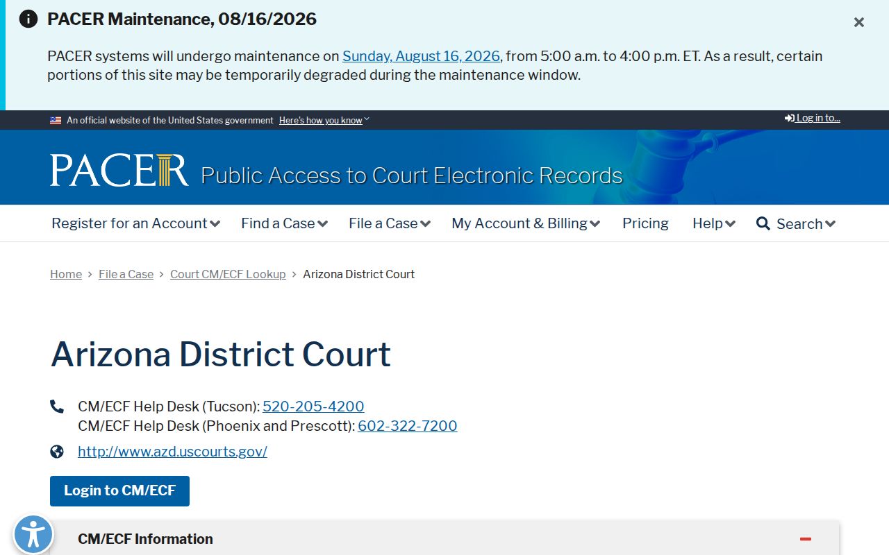 District of Arizona CM ECF lookup separate from Greenlee County records